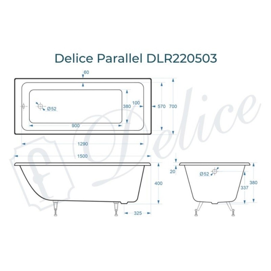 Ванна чугунная Delice Parallel DLR220503, 150 х 70 см, без покрытия, без ручек, цвет белый