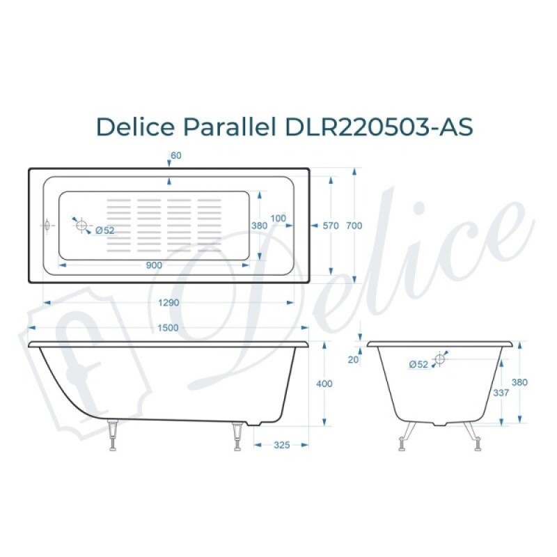 Ванна чугунная Delice Parallel DLR220503-AS, 150 х 70 см, антискользящее покрытие, без ручек, цвет белый