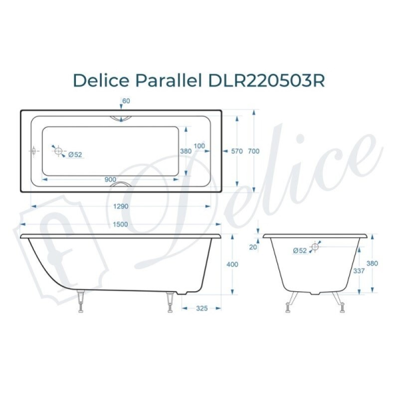 Ванна чугунная Delice Parallel DLR220503R, 150 х 70 см, без покрытия, с ручками хром, цвет белый