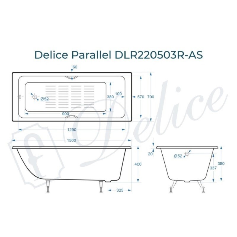 Ванна чугунная Delice Parallel DLR220503R-AS, 150 х 70 см, антискользящее покрытие, с ручками хром, цвет белый