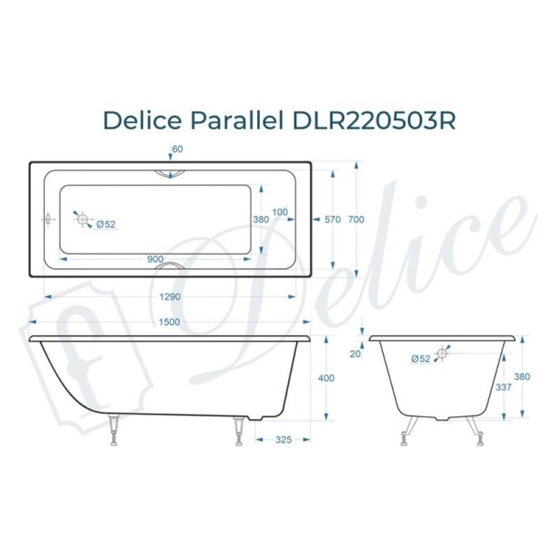 Ванна чугунная Delice Parallel DLR220503RB, 150 х 70 см, без покрытия, ручки черные матовые, цвет белый
