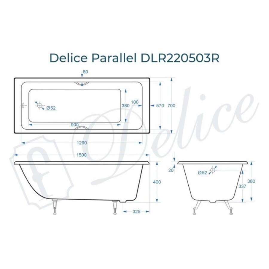 Ванна чугунная Delice Parallel DLR220503RB, 150 х 70 см, без покрытия, ручки черные матовые, цвет белый