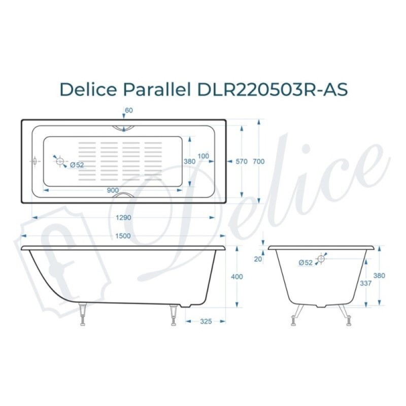 Ванна чугунная Delice Parallel DLR220503RB-AS, 150 х 70 см, антискользящее покрытие, ручки черные матовые, цвет белый