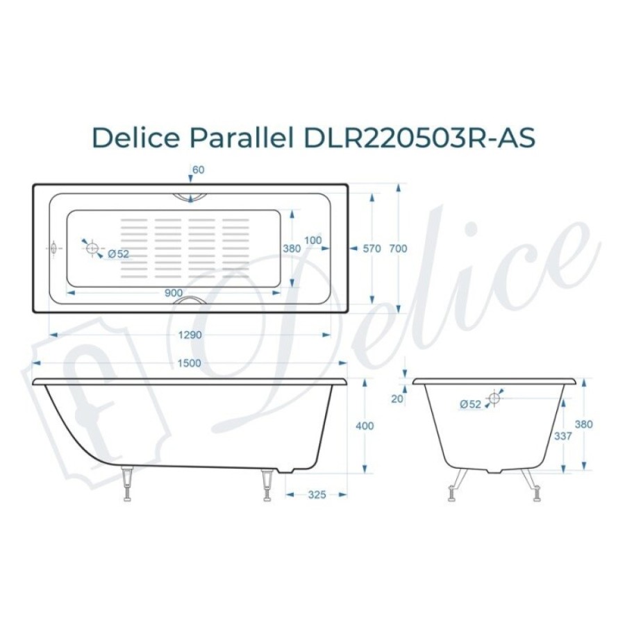 Ванна чугунная Delice Parallel DLR220503RB-AS, 150 х 70 см, антискользящее покрытие, ручки черные матовые, цвет белый