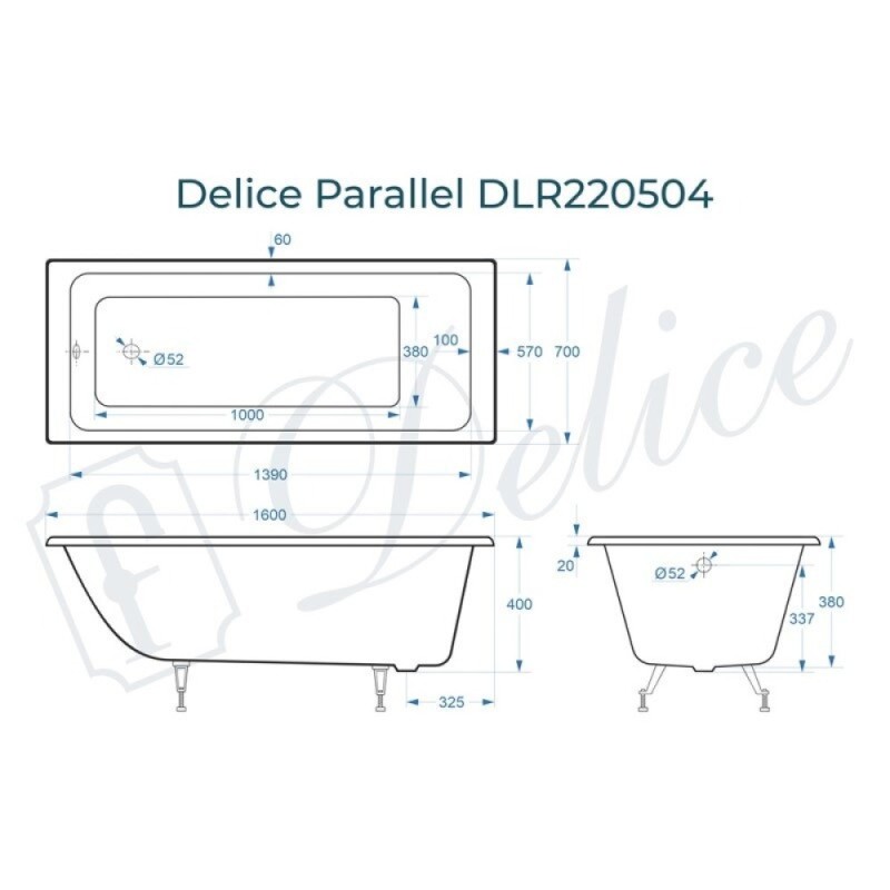 Ванна чугунная Delice Parallel DLR220504, 160 х 70 см, без покрытия, без ручек, цвет белый