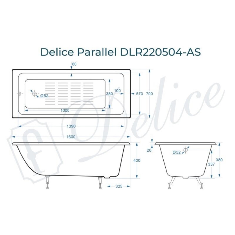Ванна чугунная Delice Parallel DLR220504-AS, 160 х 70 см, антискользящее покрытие, без ручек, цвет белый