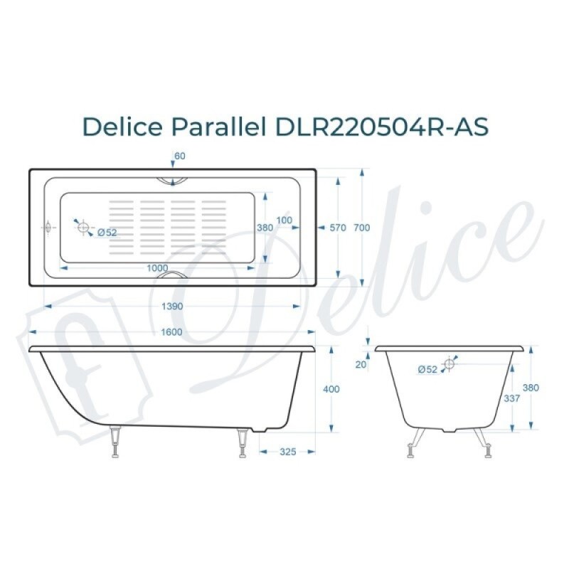 Ванна чугунная Delice Parallel DLR220504R-AS, 160 х 70 см, антискользящее покрытие, с ручками хром, цвет белый