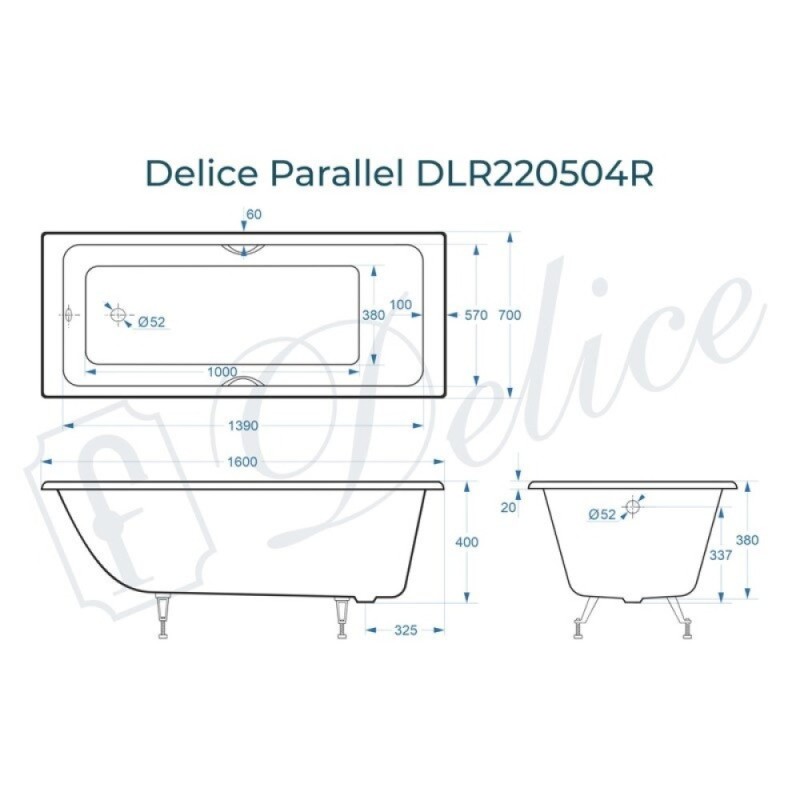 Ванна чугунная Delice Parallel DLR220504RB, 160 х 70 см, без покрытия, ручки черные матовые, цвет белый