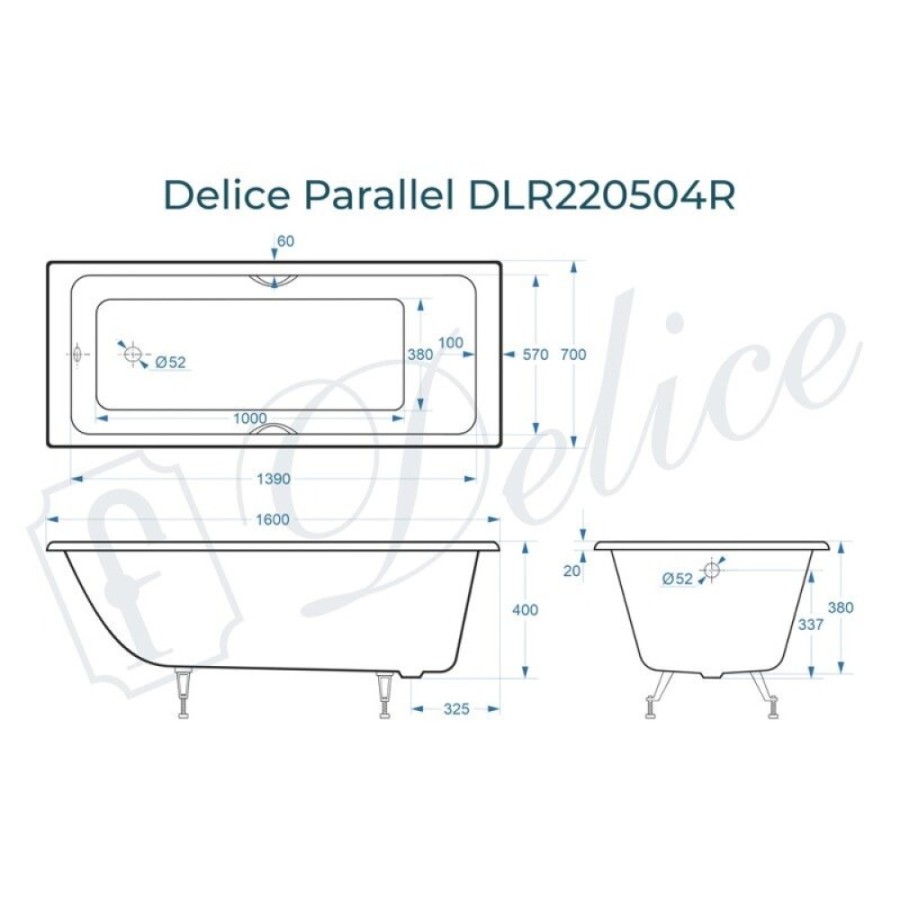 Ванна чугунная Delice Parallel DLR220504RB, 160 х 70 см, без покрытия, ручки черные матовые, цвет белый