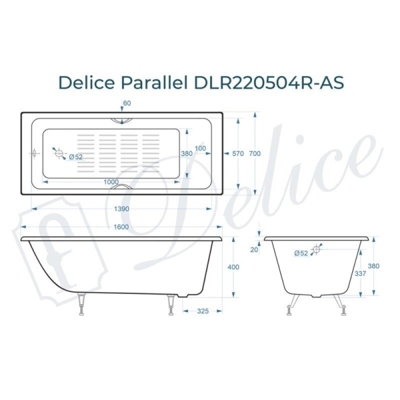Ванна чугунная Delice Parallel DLR220504RB-AS, 160 х 70 см, антискользящее покрытие, ручки черные матовые, цвет белый