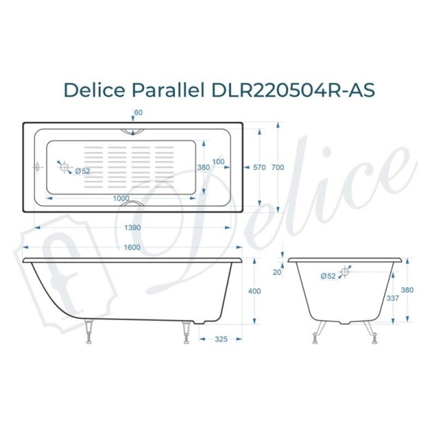 Ванна чугунная Delice Parallel DLR220504RB-AS, 160 х 70 см, антискользящее покрытие, ручки черные матовые, цвет белый