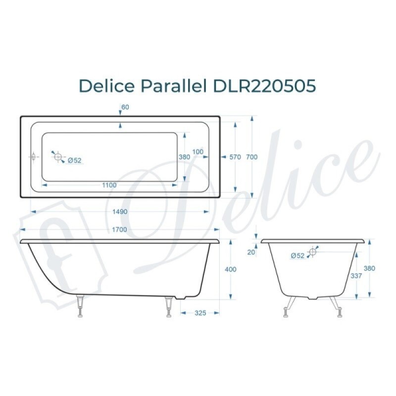 Ванна чугунная Delice Parallel DLR220505, 170 х 70 см, без покрытия, без ручек, цвет белый