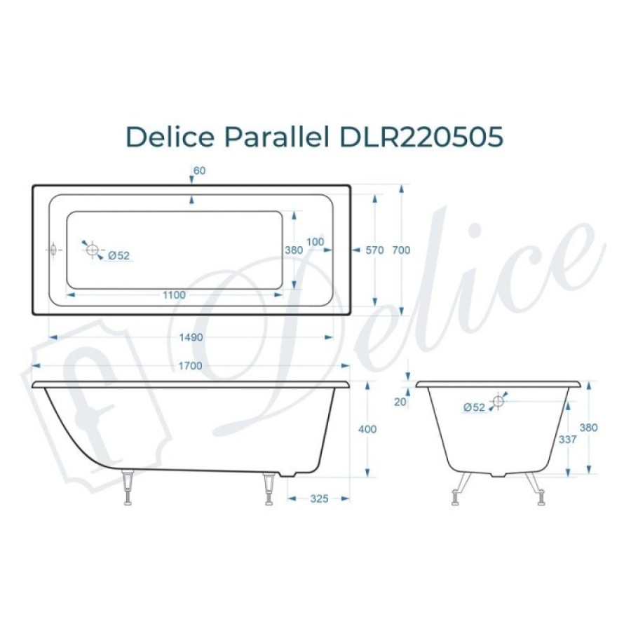 Ванна чугунная Delice Parallel DLR220505, 170 х 70 см, без покрытия, без ручек, цвет белый