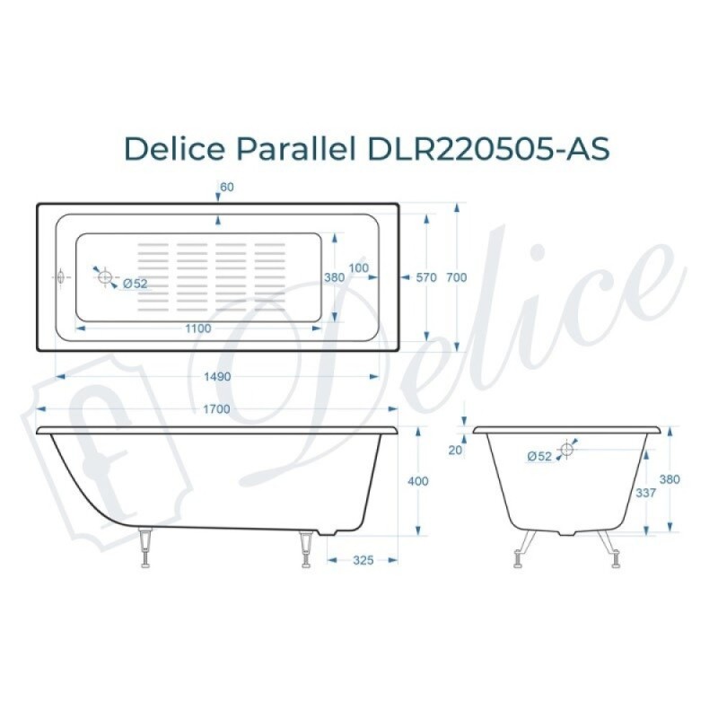 Ванна чугунная Delice Parallel DLR220505-AS, 170 х 70 см, антискользящее покрытие, без ручек, цвет белый