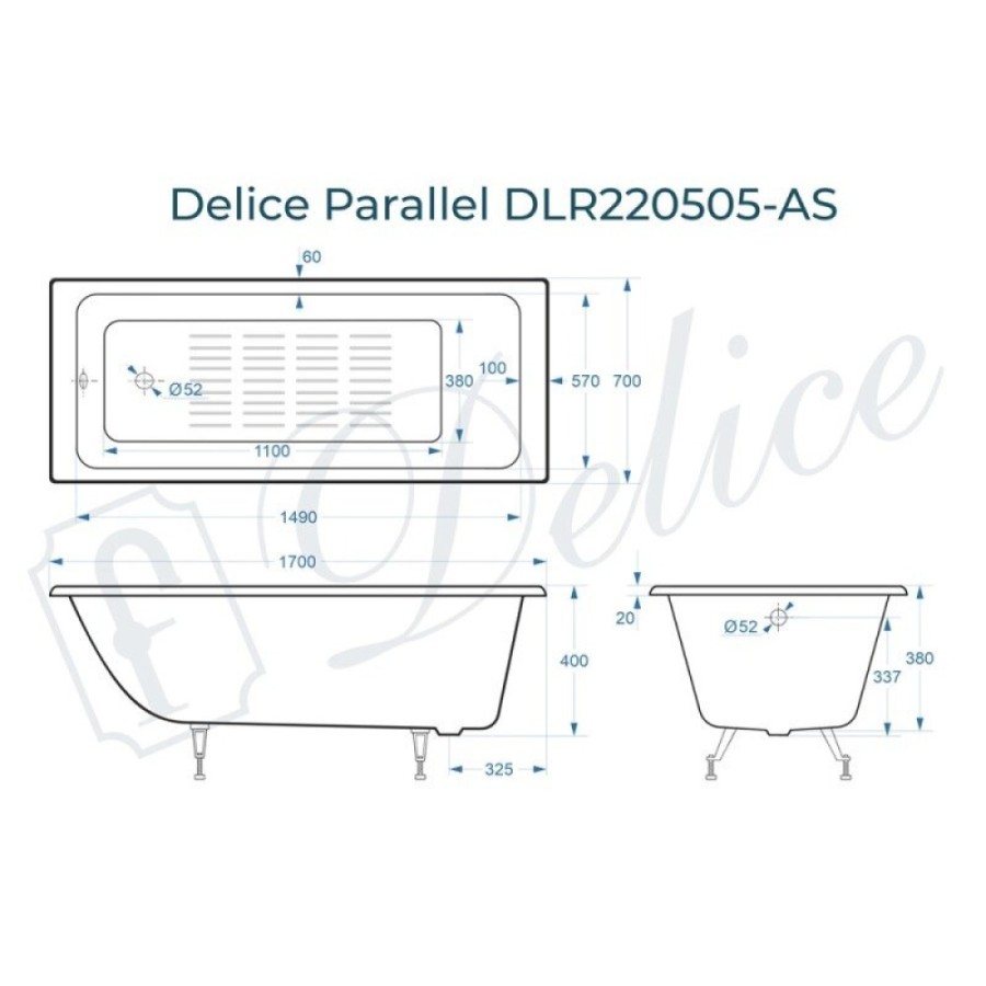 Ванна чугунная Delice Parallel DLR220505-AS, 170 х 70 см, антискользящее покрытие, без ручек, цвет белый