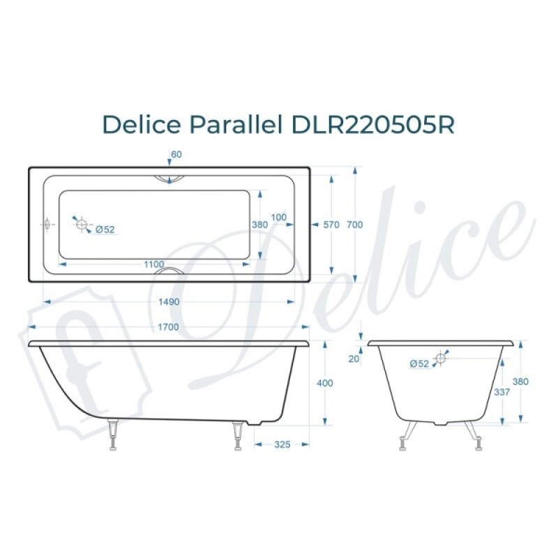 Ванна чугунная Delice Parallel DLR220505R, 170 х 70 см, без покрытия, с ручками хром, цвет белый