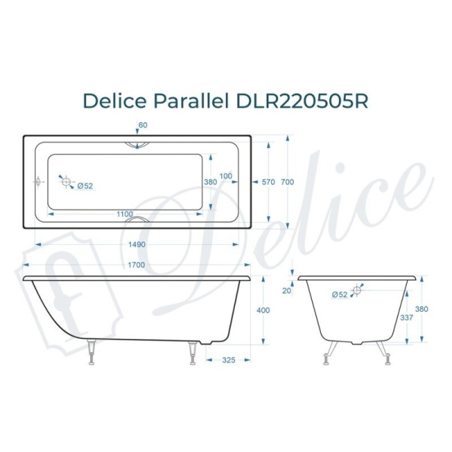 Ванна чугунная Delice Parallel DLR220505R, 170 х 70 см, без покрытия, с ручками хром, цвет белый