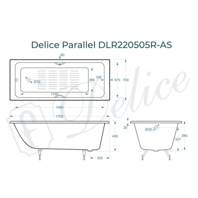 Ванна чугунная Delice Parallel DLR220505R-AS, 170 х 70 см, антискользящее покрытие, с ручками хром, цвет белый