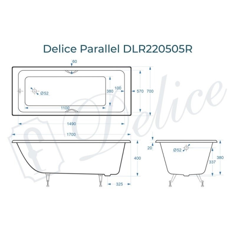 Ванна чугунная Delice Parallel DLR220505RB, 170 х 70 см, без покрытия, ручки черные матовые, цвет белый
