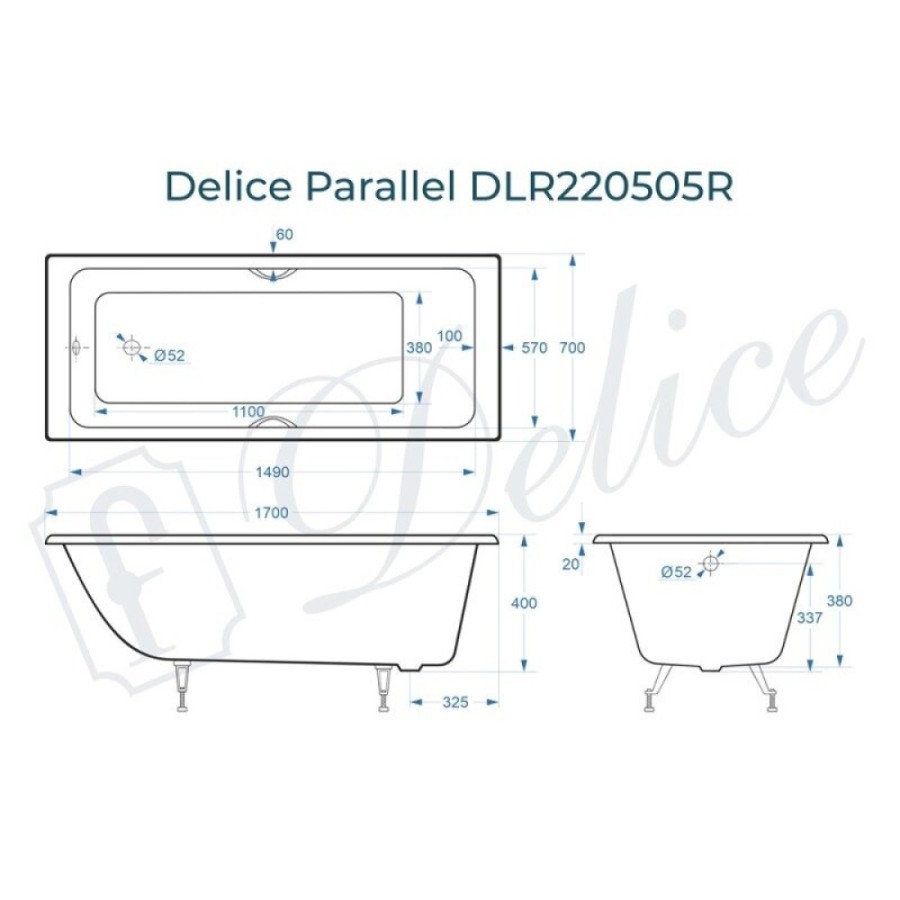 Ванна чугунная Delice Parallel DLR220505RB, 170 х 70 см, без покрытия, ручки черные матовые, цвет белый