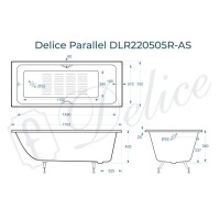 Ванна чугунная Delice Parallel DLR220505RB-AS, 170 х 70 см, антискользящее покрытие, ручки черные матовые, цвет белый