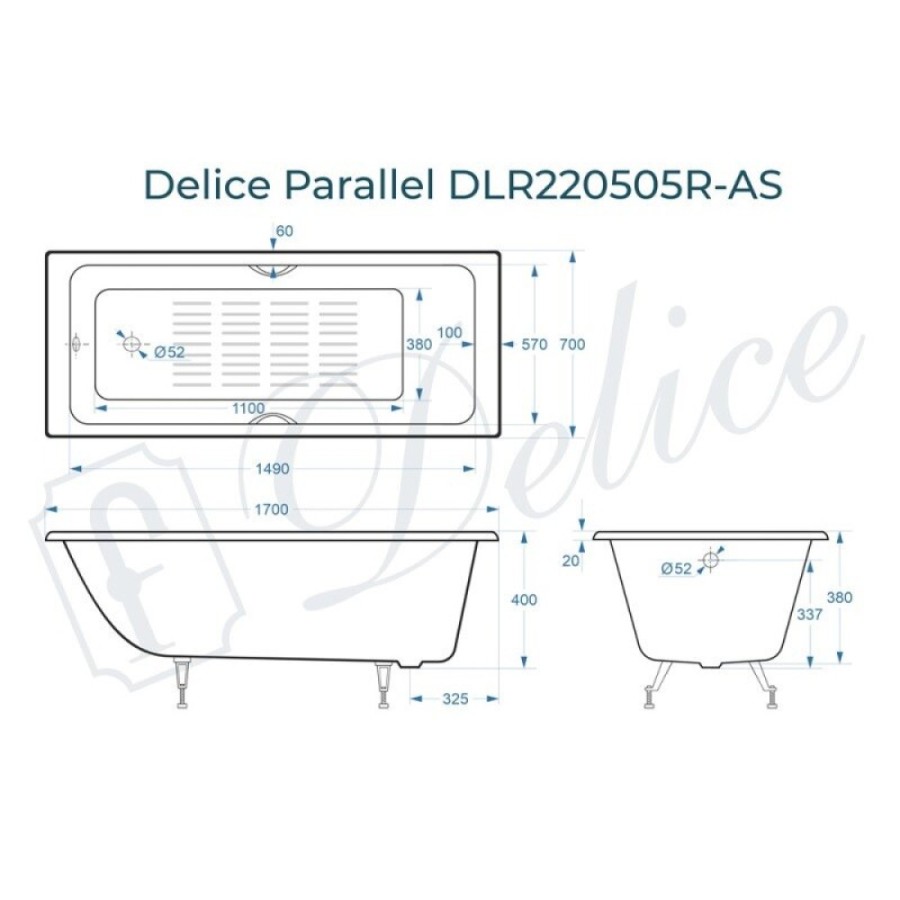 Ванна чугунная Delice Parallel DLR220505RB-AS, 170 х 70 см, антискользящее покрытие, ручки черные матовые, цвет белый