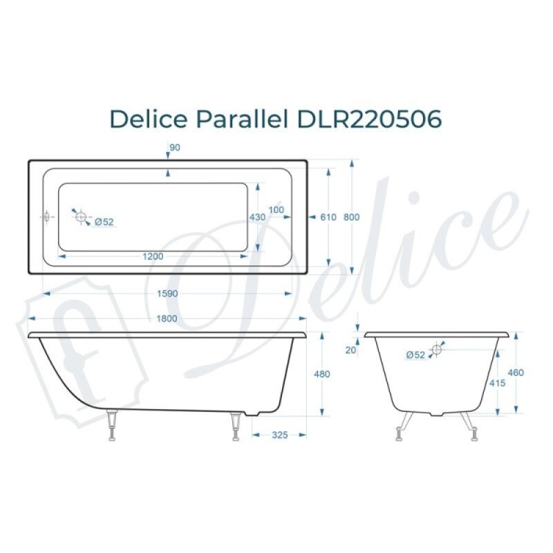 Ванна чугунная Delice Parallel DLR220506, 180 x 80 см, без покрытия, без ручек, цвет белый
