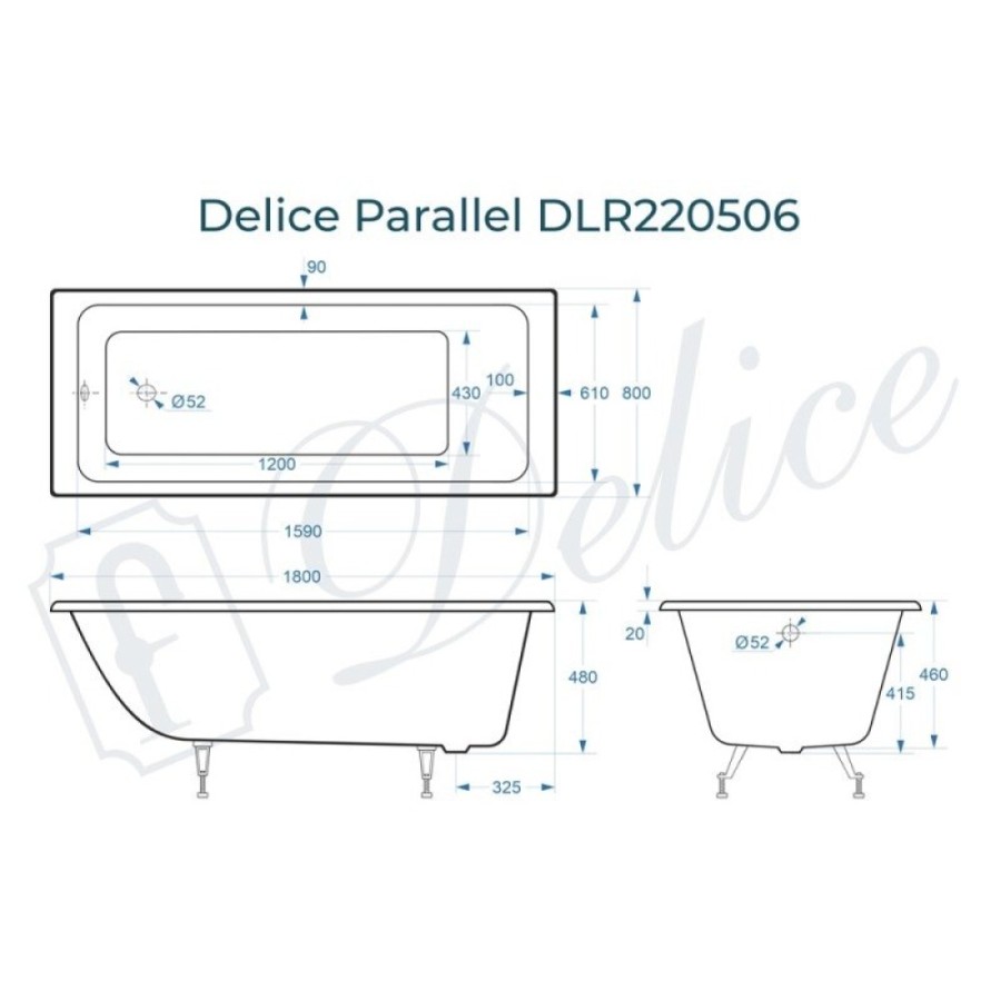Ванна чугунная Delice Parallel DLR220506, 180 x 80 см, без покрытия, без ручек, цвет белый