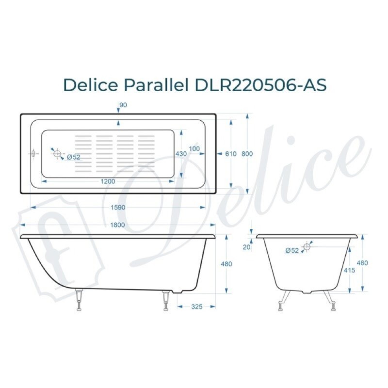 Ванна чугунная Delice Parallel DLR220506-AS, 180 х 80 см, антискользящее покрытие, без ручек, цвет белый