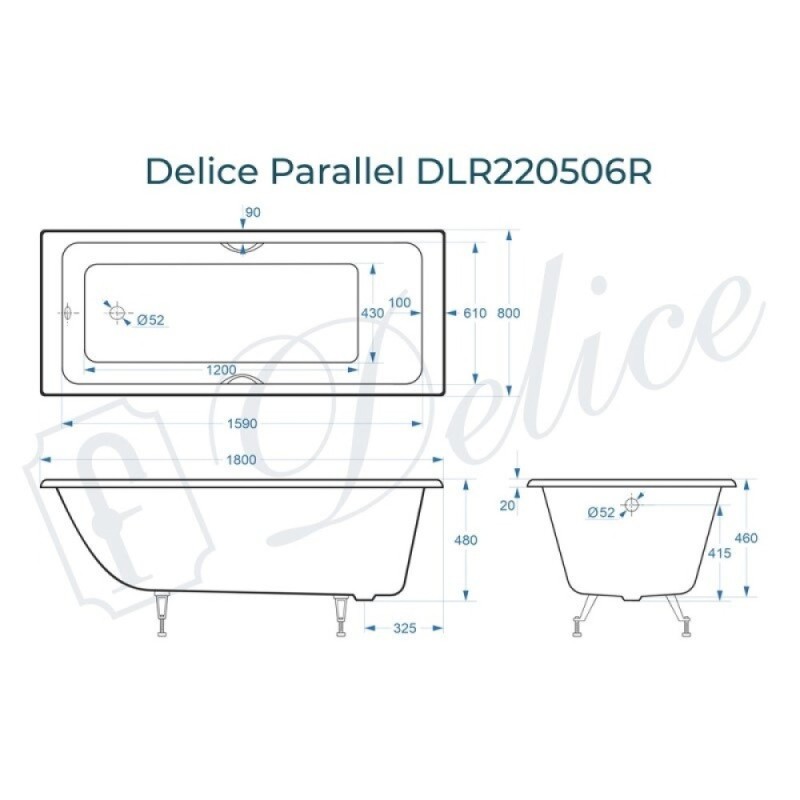 Ванна чугунная Delice Parallel DLR220506R, 180 х 80 см, без покрытия, с ручками хром, цвет белый