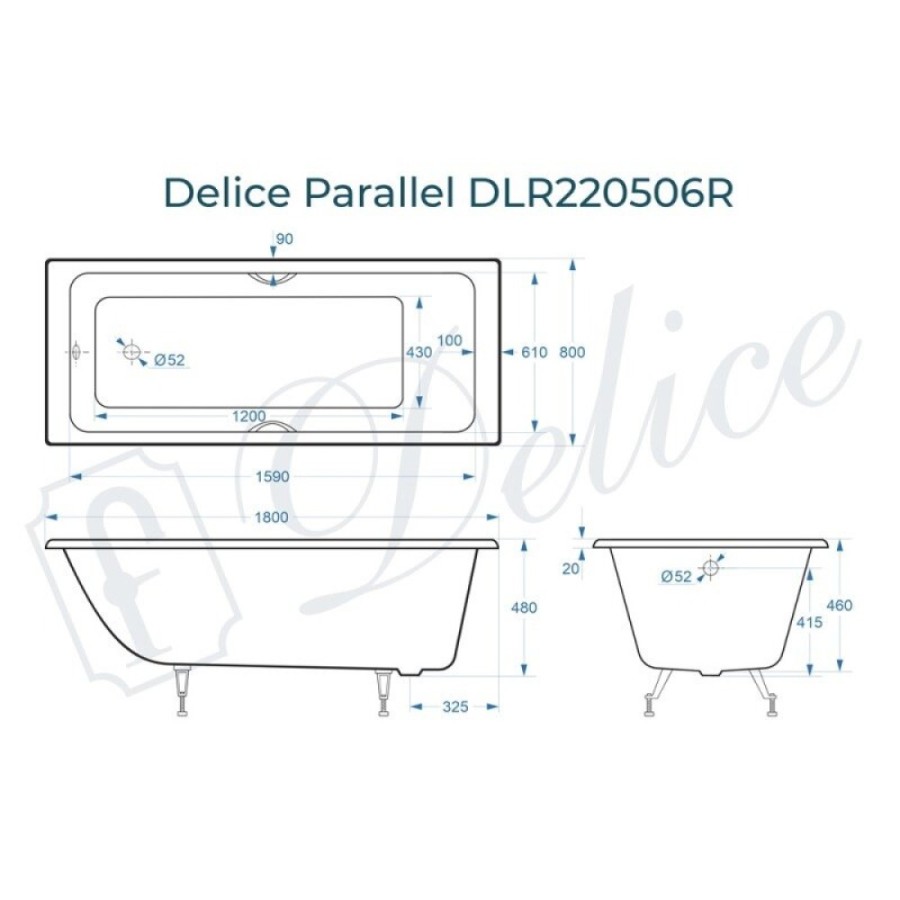 Ванна чугунная Delice Parallel DLR220506R, 180 х 80 см, без покрытия, с ручками хром, цвет белый