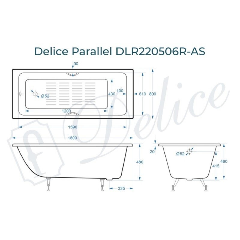 Ванна чугунная Delice Parallel DLR220506R-AS, 180 х 80 см, антискользящее покрытие, с ручками хром, цвет белый