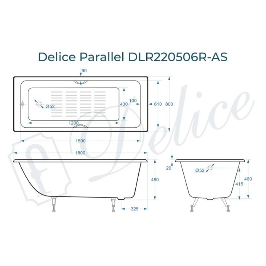 Ванна чугунная Delice Parallel DLR220506R-AS, 180 х 80 см, антискользящее покрытие, с ручками хром, цвет белый