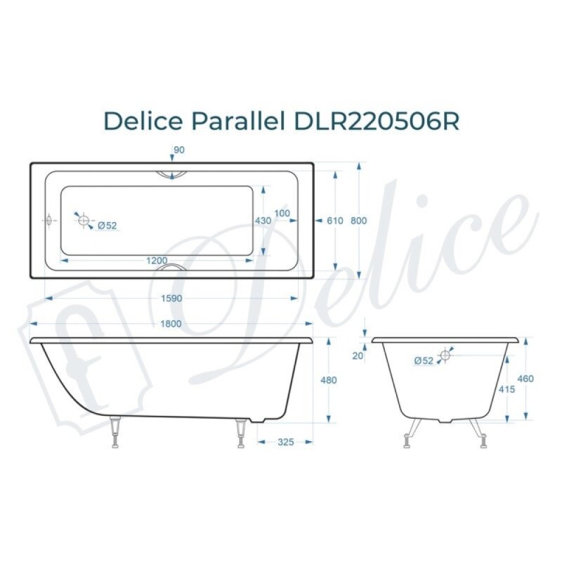 Ванна чугунная Delice Parallel DLR220506RB, 180 х 80 см, без покрытия, ручки черные матовые, цвет белый