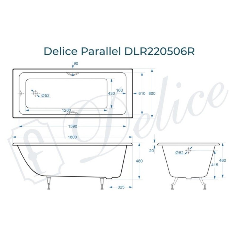 Ванна чугунная Delice Parallel DLR220506RB, 180 х 80 см, без покрытия, ручки черные матовые, цвет белый