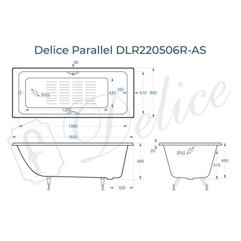 Ванна чугунная Delice Parallel DLR220506RB-AS, 180 х 80 см, антискользящее покрытие, ручки черные матовые, цвет белый