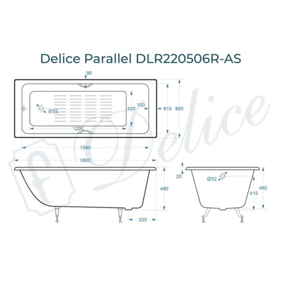 Ванна чугунная Delice Parallel DLR220506RB-AS, 180 х 80 см, антискользящее покрытие, ручки черные матовые, цвет белый