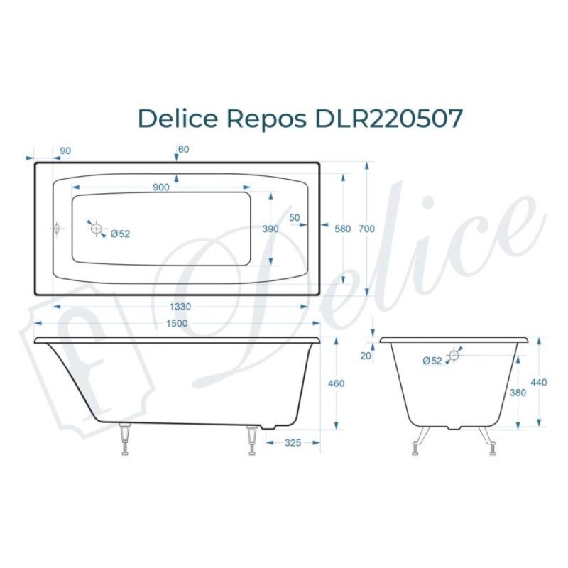 Ванна чугунная Delice Repos DLR220507, 150 x 70 см, без покрытия, без ручек, цвет белый