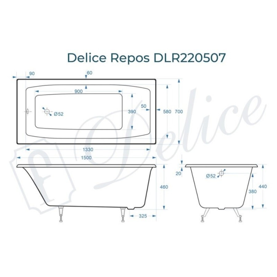 Ванна чугунная Delice Repos DLR220507, 150 x 70 см, без покрытия, без ручек, цвет белый