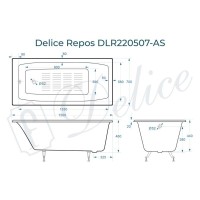 Ванна чугунная Delice Repos DLR220507-AS, 150 x 70 см, антискользящее покрытие, без ручек, цвет белый