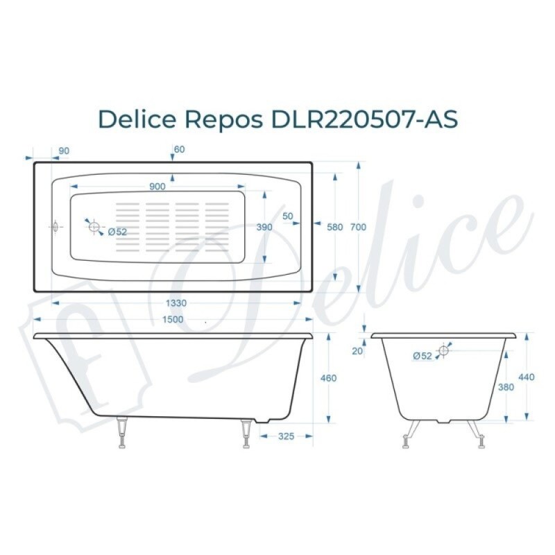 Ванна чугунная Delice Repos DLR220507-AS, 150 x 70 см, антискользящее покрытие, без ручек, цвет белый