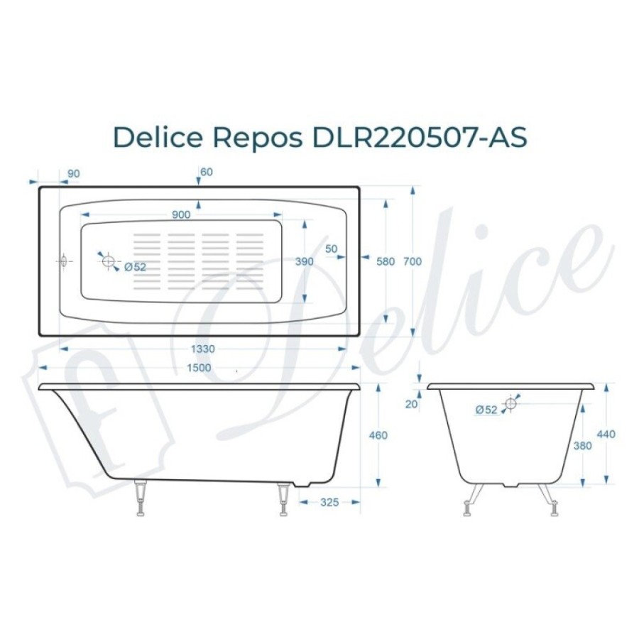 Ванна чугунная Delice Repos DLR220507-AS, 150 x 70 см, антискользящее покрытие, без ручек, цвет белый