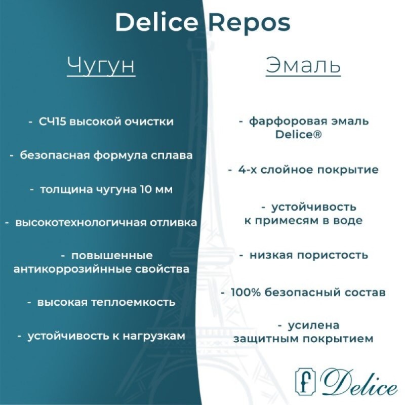 Ванна чугунная Delice Repos DLR220507-AS, 150 x 70 см, антискользящее покрытие, без ручек, цвет белый