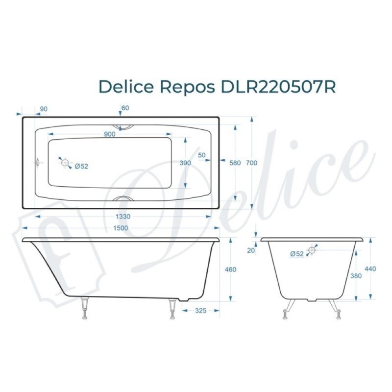 Ванна чугунная Delice Repos DLR220507R, 150 x 70 см, без покрытия, с ручками хром, цвет белый