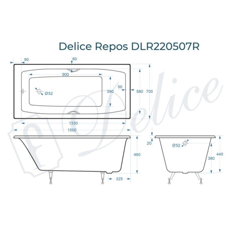 Ванна чугунная Delice Repos DLR220507RB, 150 х 70 см, без покрытия, ручки черные матовые, цвет белый