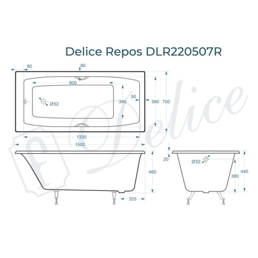 Ванна чугунная Delice Repos DLR220507RB, 150 х 70 см, без покрытия, ручки черные матовые, цвет белый