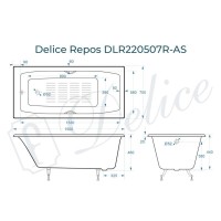 Ванна чугунная Delice Repos DLR220507RB-AS, 150 х 70 см, антискользящее покрытие, ручки черные матовые, цвет белый