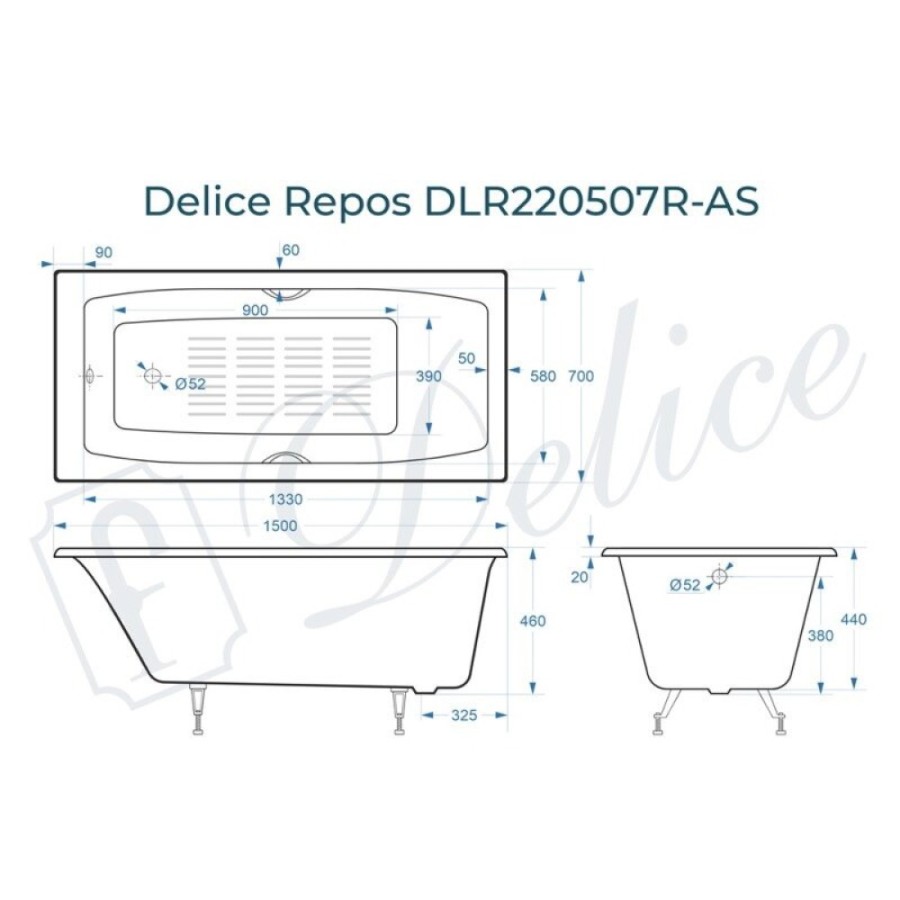 Ванна чугунная Delice Repos DLR220507RB-AS, 150 х 70 см, антискользящее покрытие, ручки черные матовые, цвет белый