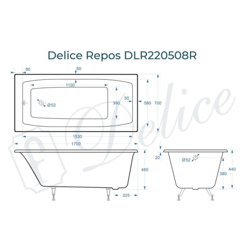 Ванна чугунная Delice Repos DLR220508, 170 x 70 см, без покрытия, без ручек, цвет белый