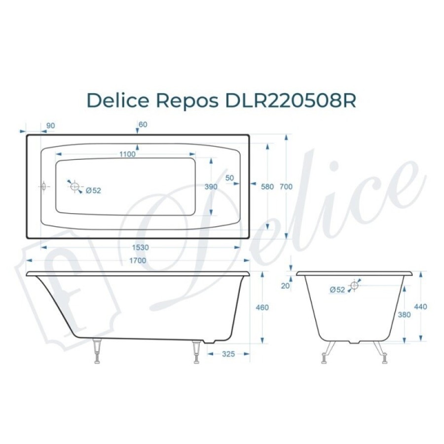 Ванна чугунная Delice Repos DLR220508, 170 x 70 см, без покрытия, без ручек, цвет белый